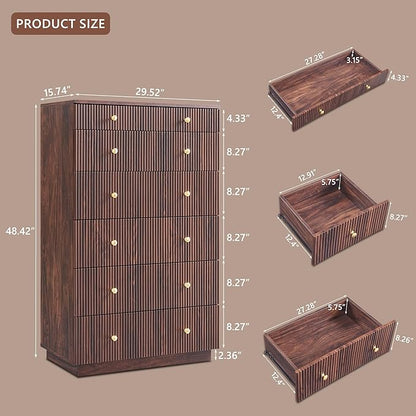 Fluted Dresser for Bedroom, 48" H 7 Drawer Dressers, Wood Tall Dresser Storage Organizer, Modern Bedroom Chest with Deep Storage for Closet Hallway, Entryway, Living Room, Brown