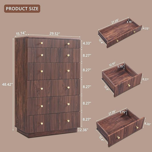 Fluted Dresser for Bedroom, 48" H 7 Drawer Dressers, Wood Tall Dresser Storage Organizer, Modern Bedroom Chest with Deep Storage for Closet Hallway, Entryway, Living Room, Brown