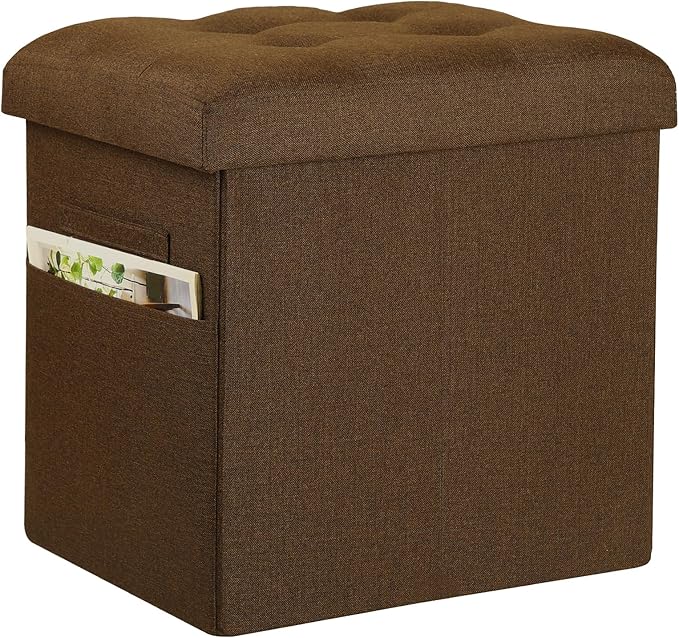 Storage Ottoman Cube, 61L Slim Tall Foldable Foot Rest with Thicker Foam Padded Seat. 350 lbs Small Linen Ottoman with Storage Bench Footstool for Living Room, Bedroom, Coffee Table. 17x13x17in, Brown