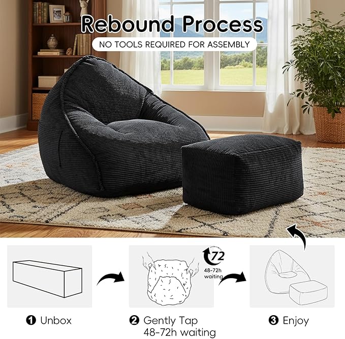 Cloud Bean Bag Chair with Ottoman for Adults, Comfy Corduroy Chaise Lounge Chair with High-Resilience Foam, Oversized Boneless Reading Chair for Bedroom & Living Room (Charcoal)