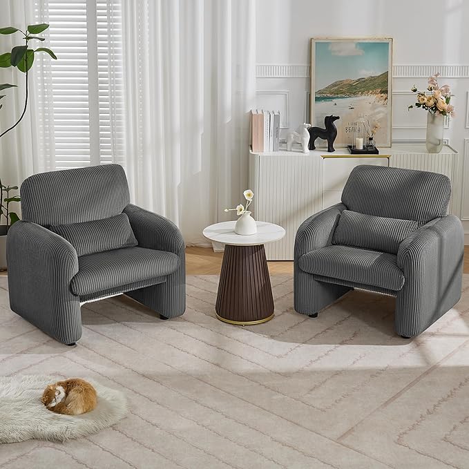 Corduroy Fabric Accent Chair, Modern Upholstered Living Room Chairs with Lumbar Pillow, Wide Comfy Leisure Armchair for Bedroom, Office, Reading, Grey