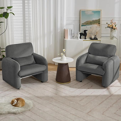 Corduroy Fabric Accent Chair, Modern Upholstered Living Room Chairs with Lumbar Pillow, Wide Comfy Leisure Armchair for Bedroom, Office, Reading, Grey