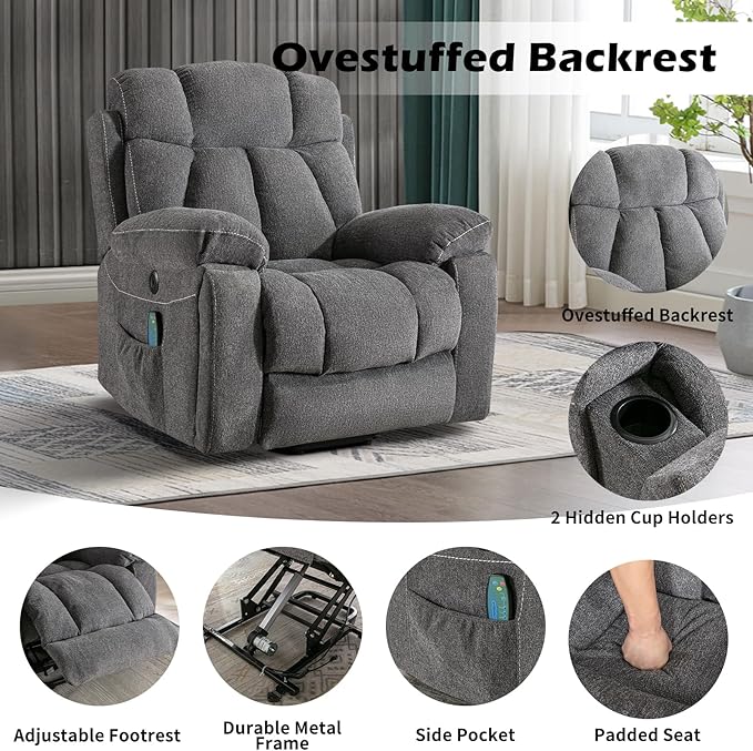 Large Power Lift Recliner Chair with Massage and Heat for Elderly, Wide Padded Recliner with 2 Cup Holders, Side Pocket & USB Charger(1, Dark Gray)
