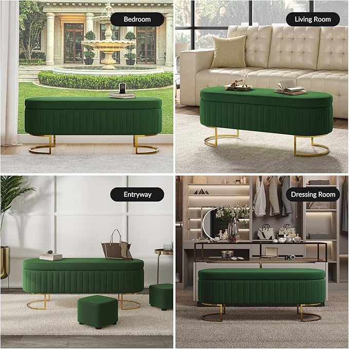 EcoHarbor Living 50.5" Velvet Bedroom Storage Bench Ottoman, Upholstered End of Bed Bench with Gold Legs,Entryway Footrest Seat