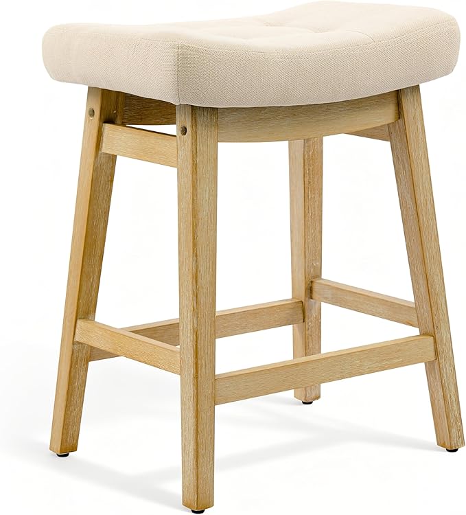 Counter Height Bar Stool for Kitchen Counter Modern Backless Barstool with Upholstered Fabric Seat and Solid Wood Leg Farmhouse 24 inch Bar Chair, Khaki + Wood Color, 1pc