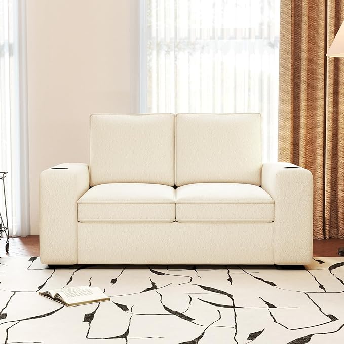Furnimart 58" Wide Plush Loveseat, 2-Seater Sofa with Dual-Port USB Charger & Cup Holders, Terry Fabric, Modern Accent Couch for Small Spaces, Apartment, Living Room(Terry-Beige)