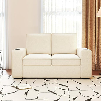 Furnimart 58" Wide Plush Loveseat, 2-Seater Sofa with Dual-Port USB Charger & Cup Holders, Terry Fabric, Modern Accent Couch for Small Spaces, Apartment, Living Room(Terry-Beige)