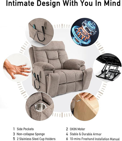 26in Extra Large Lazy Boy Recliner Chair for Tall Men Up to 6'2"/350lb Adjustment Power Lift Recliner Chair with Cupholder, Massage Chair Recliner with Lumbar Heating