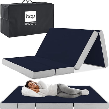 Best Choice Products 4in Portable Twin-Size Mattress, Tri-Fold Mattress for Camping, Guest, Toddler, Foam Plush w/Carry Case - Midnight Blue
