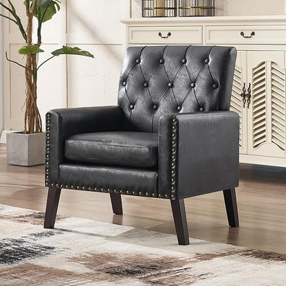 Mid Century Modern Accent Chair, Black Faux Leather Office Chair for Reception - Brown Leather Club Chair for Living Room, Bedroom, or Waiting Room