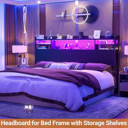Aheaplus Headboard for King Size Bed with Storage, Headboards with LED Light, Power Outlets, USB Ports King Size Head Board, Wood headboard Only Sturdy and Stable Headboards, Modern, Black