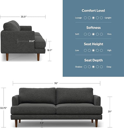 SIMPLIHOME Livingston 76-inch Wide Sofa in Charcoal Grey Woven-Blend Fabric, Handcrafted Loveseat Couch for Living Room or Family Room, Mid-Century Modern Style, Solid Wood Frame