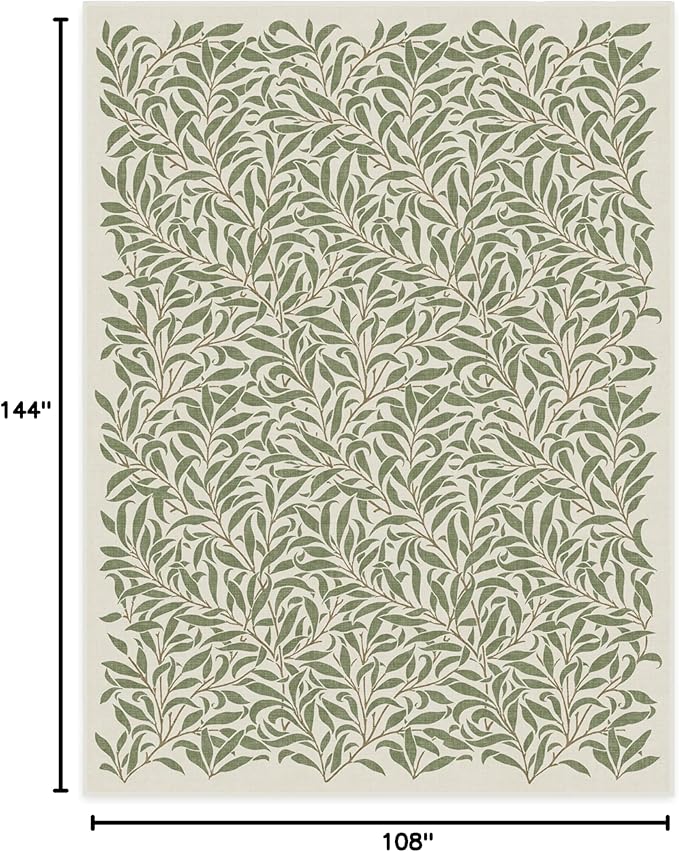 RUGGABLE x Morris & Co Washable Area Rug– Pure Willow Boughs Green 9x12, Stain-Resistant, Non-Slip – Large Machine Washable Rugs for Living Room, Bedroom, Hallway, Entryway & Office–with Standard Pad