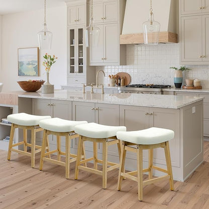 Counter Height Bar Stools Set of 4 for Kitchen Island Modern Barstools with Upholstered Faux Leather Backless Seat and Solid Wood Legs, 24 inch Farmhouse Bar Chairs, White