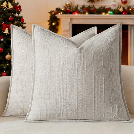 a moment Linen Pillow Covers Set of 2,Boho Farmhouse Throw Pillowcases Neutral Textured Decorative Covers for Couch Sofa Bed, Soft Linen Blend Accent Case Cushion Christmas Home Decor 18"x18"Ivory