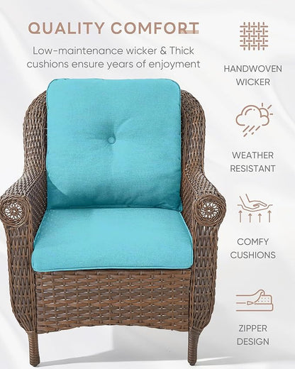Patio Wicker Chairs Outdoor Furniture Chair - Set of 4 Outside All Weather Lawn Dining Brown Rattan Armchair with High Back&Deep Seating for Deck Porch Balcony Backyard Garden - Turqoise