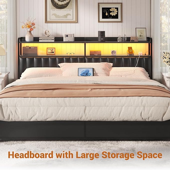 Aheaplus Headboard for King Size Bed Frame, Upholstered Headboards with Outlets, USB Ports and LED Light, Leather Head Board with Storage, Height Adjustable, Comfortable Headboard, King Size, Black