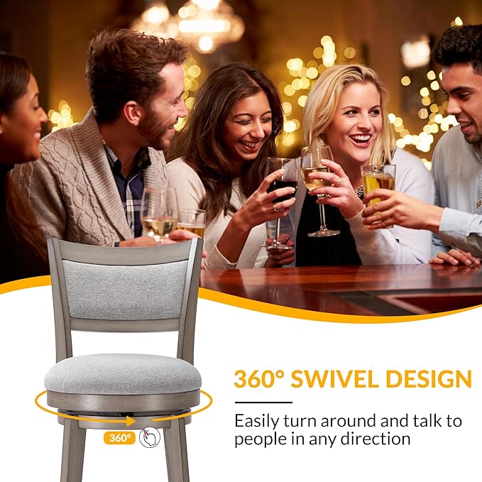 PrimeZone Swivel Bar Stools Set of 8, 30 Inch Bar Height Barstools, High Back Bar Stool with Solid Wood Legs & Wrap-Around Footrest, Counter Stools for Kitchen Island, Pub, Grey