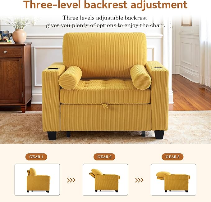 Convertible Sleeper Chair Bed, Comfy Corduroy Single Futon Sofa Chair with Pull Out Bed, 3-Levels Adjustable Backrest Accent Chair with Side Pockets, Cup Holder & USB Ports for Living Room, Bedroom