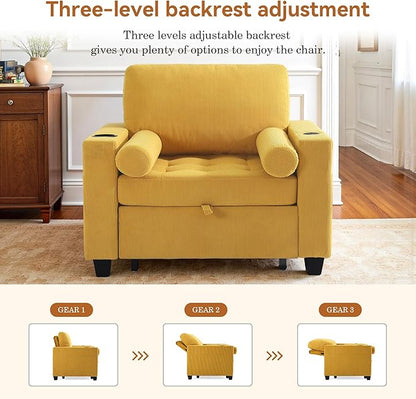 Convertible Sleeper Chair Bed, Comfy Corduroy Single Futon Sofa Chair with Pull Out Bed, 3-Levels Adjustable Backrest Accent Chair with Side Pockets, Cup Holder & USB Ports for Living Room, Bedroom