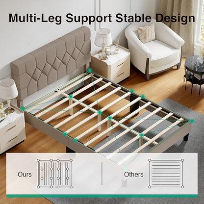 Novilla Full Size Bed Frame, Full Bed Frame with Wood Slats Support, Linen Upholstered Pull-Point Headboard, No Box Spring Needed, Heavy Duty Feet, Easy Assembly, Beige
