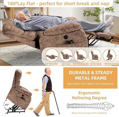 Tall Man Oversized Dual Motor Power Lift Recliner w/Heat Massage, Large Lay Flat Sleeper Electric Recliner with Extended Footrest for Elderly, Lumbar Pillow, USB & Type-C Ports, Plush-Brown