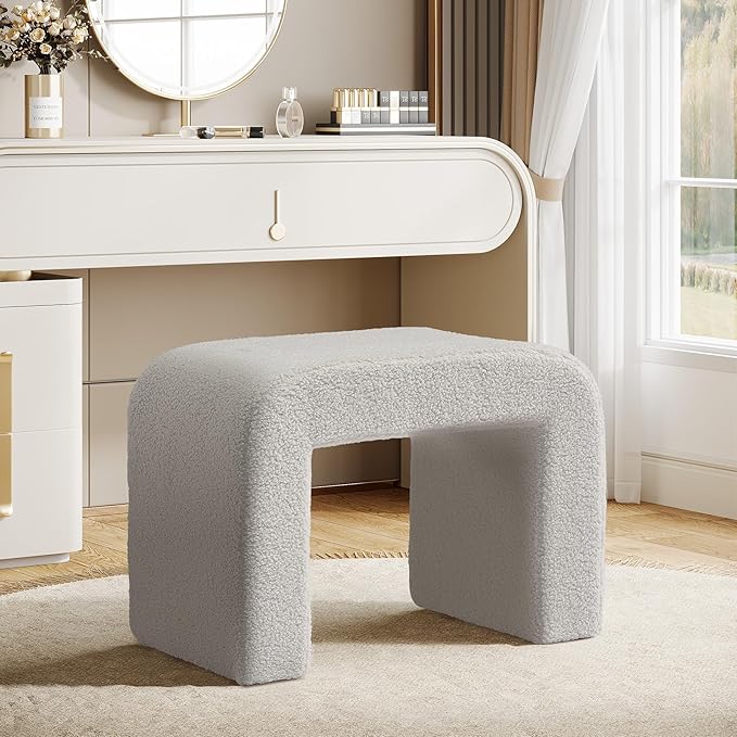Tribesigns Vanity Stool Chair, Modern Boucle Ottoman Foot Rest for Couch, Large Foot Stool Ottoman, Extra Seating for Living Room, Arched Makeup Bench for Vanity, Fully Assembled, Light Gray, 2 Packs