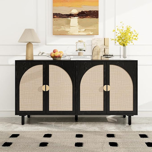 Black Sideboard Cabinet with 4 Rattan Doors, Rattan Buffet Cabinet with Adjustable Shelves & Pine Legs, Boho Sideboard Buffet for Living Room, Kitchen, Entryway, Black