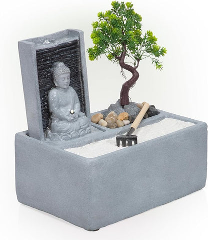 Alpine Corporation DIG278 13" Indoor/Outdoor Tabletop Fountain with LED Lights, Buddha Bonsai Garden Water Feature for Home, Patio & Desk Décor, Gray