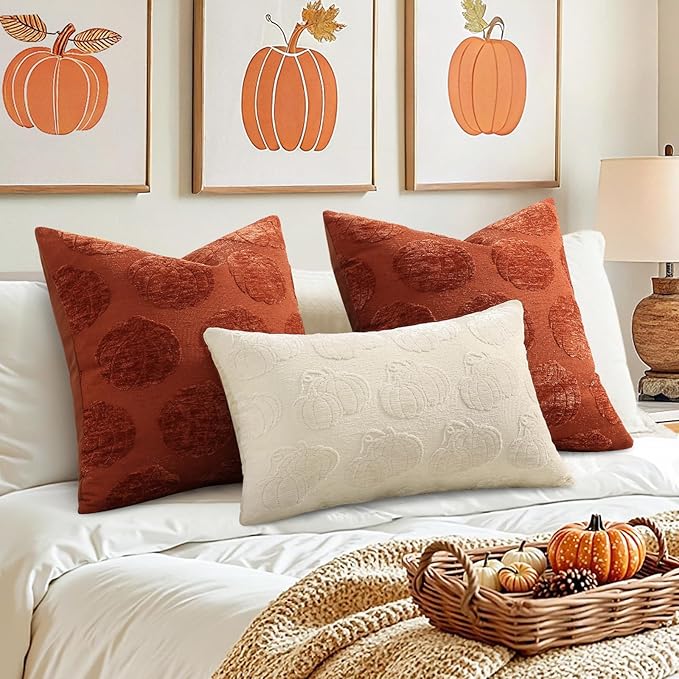 decorUhome Decorative Beige Pumpkin Thanksgiving Throw Pillow Covers 20x20 Set of 2, Soft Chenille Jacquard Farmhouse Textured Pillow Covers for Couch Bed Sofa Autumn Harvest Halloween Holiday