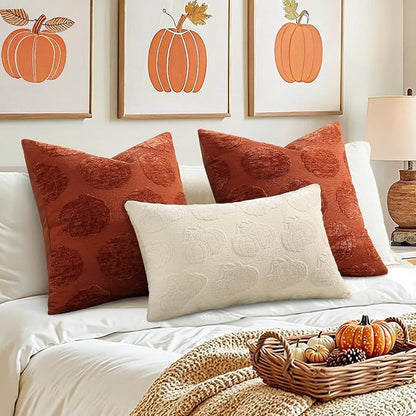 decorUhome Decorative Two Beige Pumpkins Thanksgiving Throw Pillow Covers 18x18 Set of 2, Soft Chenille Jacquard Farmhouse Textured Pillow Covers for Couch Bed Sofa Autumn Harvest Halloween Holiday