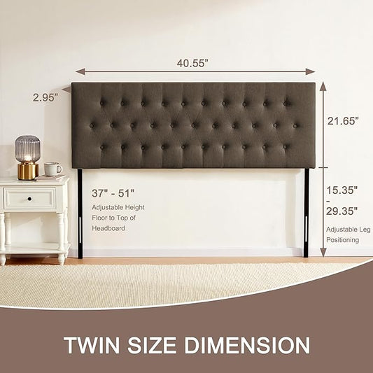 Tufted Upholstered Headboard Twin Size, Solid Wood Head Board with Durable Metal Legs, Adjustable Height Bed headboard from 37” to 51” Fabric Headboard in Modern Button Design, Chocolate
