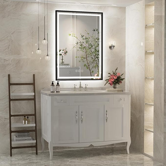 24x36 Inch LED Bathroom Mirror with Lights,Front and Backlit Black Metal Frame Mirror,Wall Mounted Lighted Vanity Mirrors,Double Lights Strips,Anti Fog Stepless Dimmable