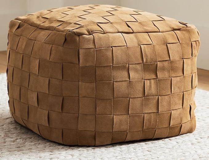 Luxury Handcrafted Suede Basketweave Pouf Ottoman Soft Durable Floor Cushion, Footrest, Accent Seating for Living Room, Bedroom, Office Stylish Modern Home Décor (Camel - Unstuffed, 18" x 18" x 14")