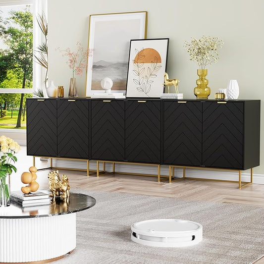 Scurrty Large Sideboard, Black Storage Buffet with 6 Doors, Adjustable Shelf & Golden Legs - Accent Cabinet for Living Room & Kitchen