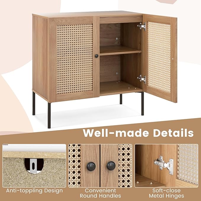COSTWAY Buffet Cabinet with Storage, Storage Sideboard with Rattan Decorated Doors, Adjustable Shelf, Metal Legs, Accent Cabinet, Buffet Table Credenza for Hallway, Entryway, Living Room (1, Oak)