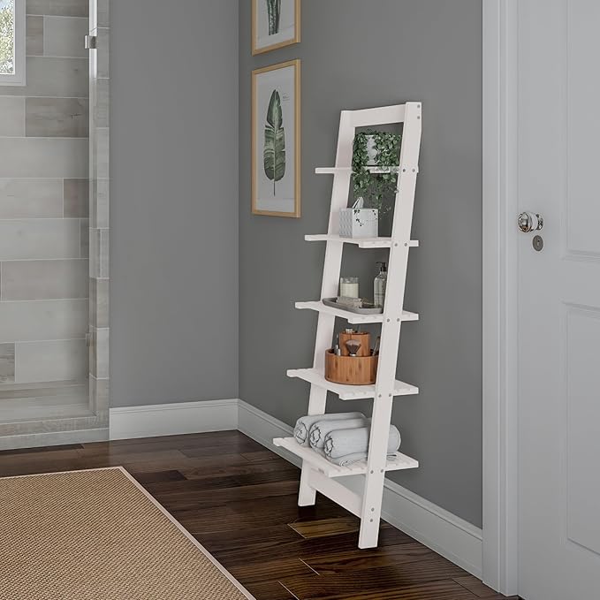 5-Tier Ladder Shelf - 50-Inch Narrow Leaning Bookshelf - Wooden Bookcase for Living Room, Bathroom, Kitchen, Office, or Bedroom Furniture by Lavish Home (White)