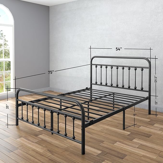 Golden Gate Beds Vintage Style Metal Bed Frame with Wrought Iron Headboard and Footboard, Classic Platform Bedframe with Storage, No Box Spring Needed, Mattress Foundation, Black, Full Size
