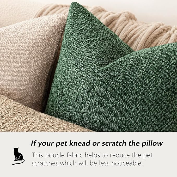 Foindtower Set of 2, Decorative Textured Boucle Throw Pillow Covers Accent Solid Pillow Cases Neutral Cozy Couch Cushion Case for Chair Sofa Bedroom Living Room Home Decor 24x24 Inch Pine Green