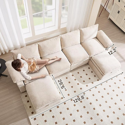 130" U Shaped Modular Sectional Sofa, Couch with Ottoman Storage, Chenille Cloud Couch with Plush Deep Seating for Living Room, Bedroom (6 Seat, Beige)