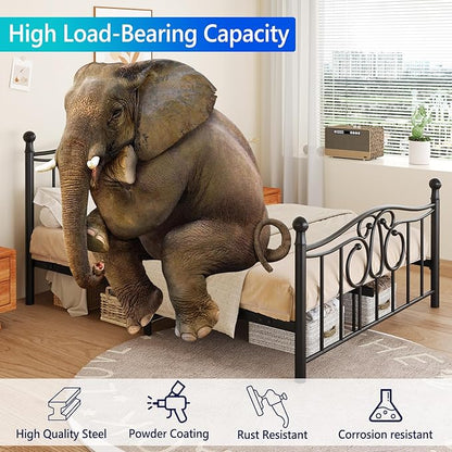 Metal Queen Single Bed Frame with Scroll Design, 82.7" in Steel Bed Frame with Protective Foot Pads, Strong Bearing Capacity Queen Size Bed, Easy Assembly, Underbed Storage Space（43.3 inch）