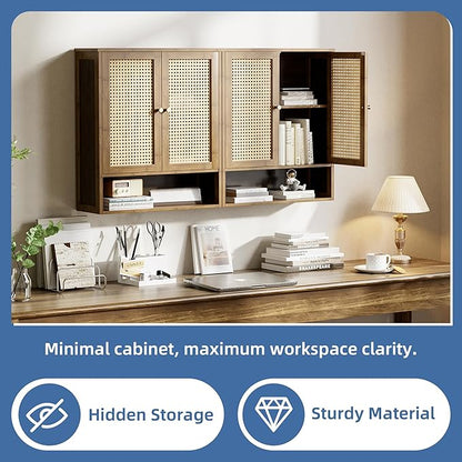 HITNET Bamboo Medicine Cabinet, Wall Mounted Bathroom Cabinet with Adjustable Shelf, Double Rattan Door Hanging Storage Organizer Over Toilet for Entryway, Laundry Room (Walnut)
