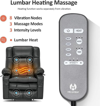MCombo Dual Motor Power Lift Recliner Chair for Elderly, Lay Flat Lift Chair with Heat and Massage, Cup Holders, USB Ports, Faux Leather 7890 (Grey, Medium)
