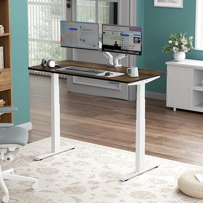 3 Stages Dual Motor Electric Standing Desk with One Piece Desktop, 48 x 24 Inch Adjustable Height Sit to Stand Up Desk for Home Office, Work & Study, White Frame & Brown Desktop (2 Packages)