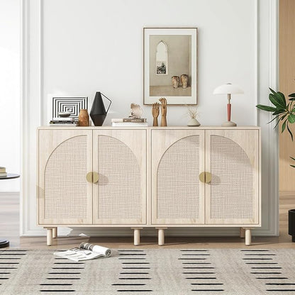 Beige Rattan Cabinet-2-Doors,Sideboard Buffet Cabinet with Storage-Accent Storage Cabinet with Cane Door, Boho Wood Credenza for Dining Room, Kitchen,Study Room (Beige Set 2)