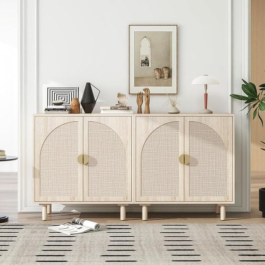 Beige Rattan Cabinet-2-Doors,Sideboard Buffet Cabinet with Storage-Accent Storage Cabinet with Cane Door, Boho Wood Credenza for Dining Room, Kitchen,Study Room (Beige Set 2)