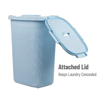 Mind Reader Slim Laundry Hamper with Lid, 60L Clothes Basket, Premium Wicker Design, Plastic, Baby Blue