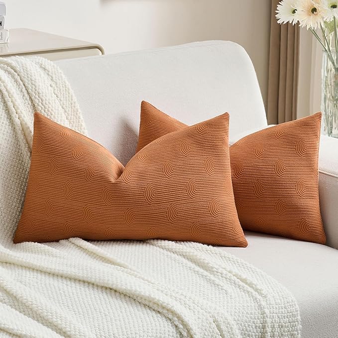 FUTEI Burnt Orange Chenille Decorative Throw Pillow Covers 12x20 Inch Set of 2,Soft Cozy Striped Geometric Patterns Lumbar Pillow Cases,Modern Home Decor for Couch Bed Living Room