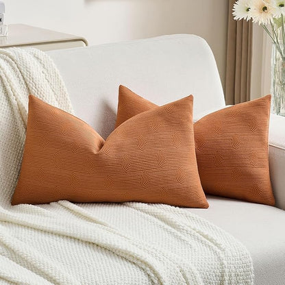 FUTEI Burnt Orange Chenille Decorative Throw Pillow Covers 12x20 Inch Set of 2,Soft Cozy Striped Geometric Patterns Lumbar Pillow Cases,Modern Home Decor for Couch Bed Living Room