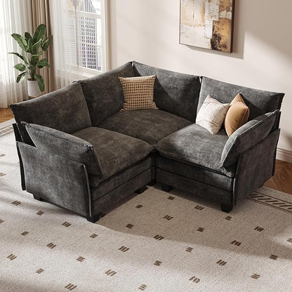 KKL Modular Sectional Sofa, V-Shaped 3 Seater Cloud Couch with Ottoman, Chenille Modern Sectional Couches for Living Room, Apartment Grey